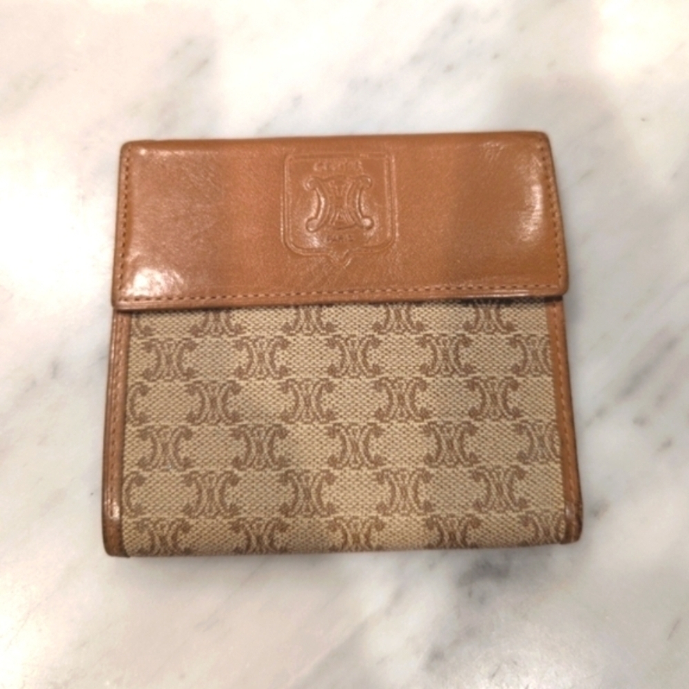 CELINE Signature Macadam Trifold Leather Wallet Tan and Beige